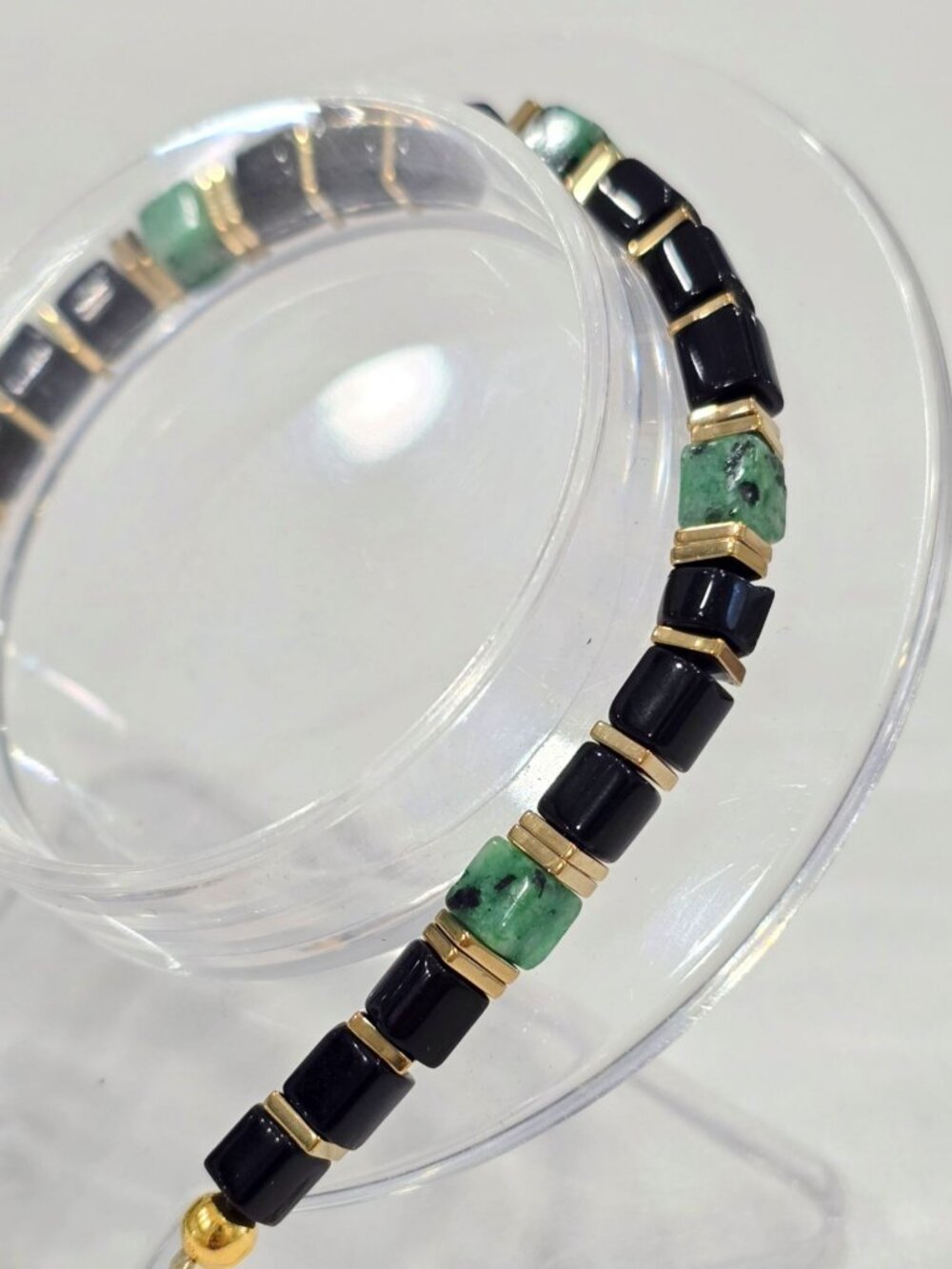 Handmade ✦ Black Onyx & Dragons Blood Stone Bracelet ✦ Gold Hematite Adjustable - Picture 6 of 11